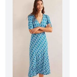 Boden Rebecca Paisley Blue Patterned Jersey Knit Tea Midi Dress Sz 4P